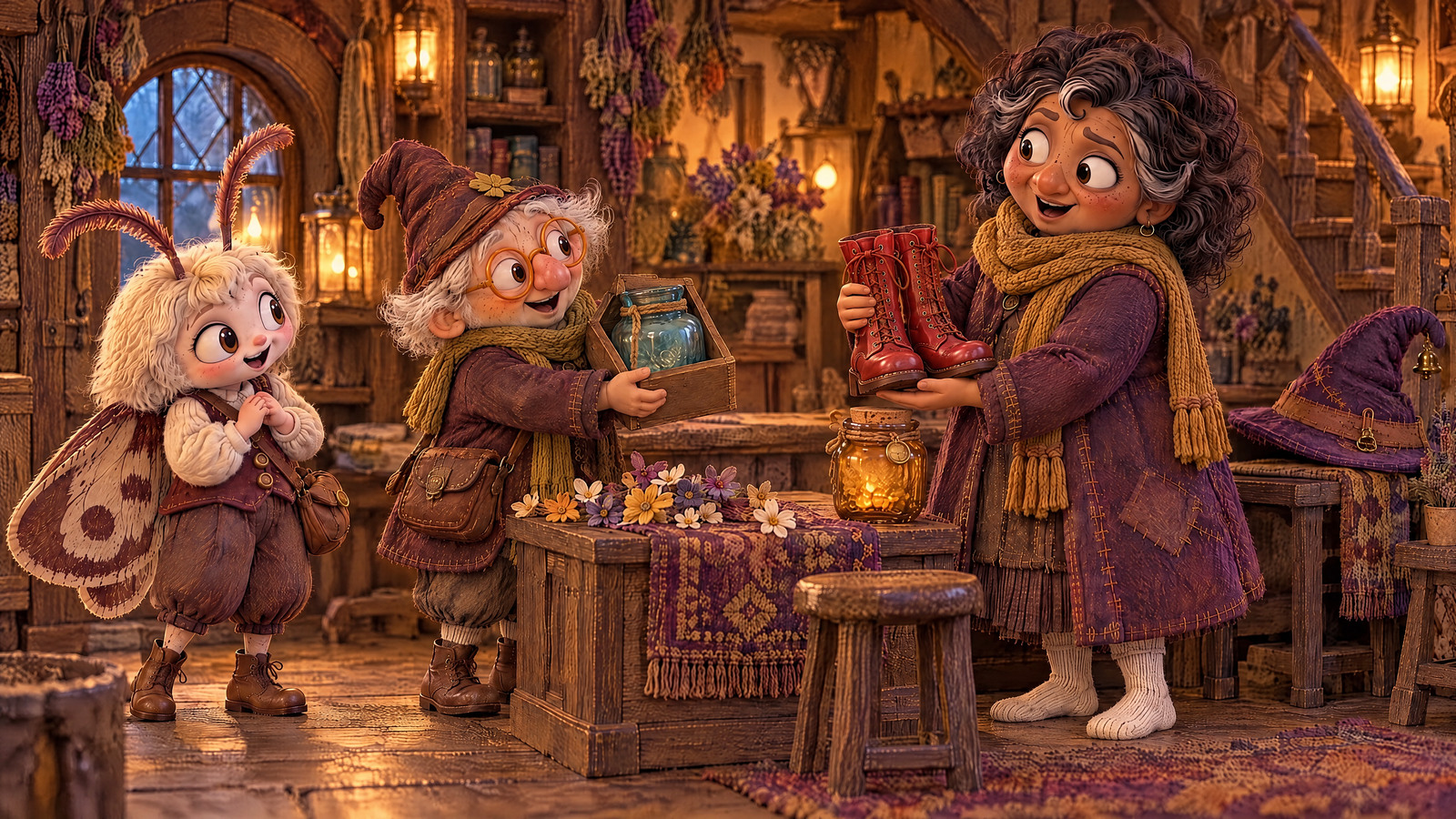 Mister Button empties the flowers and hands the Witch her two boots at once, offering the giggle and gust back as well.