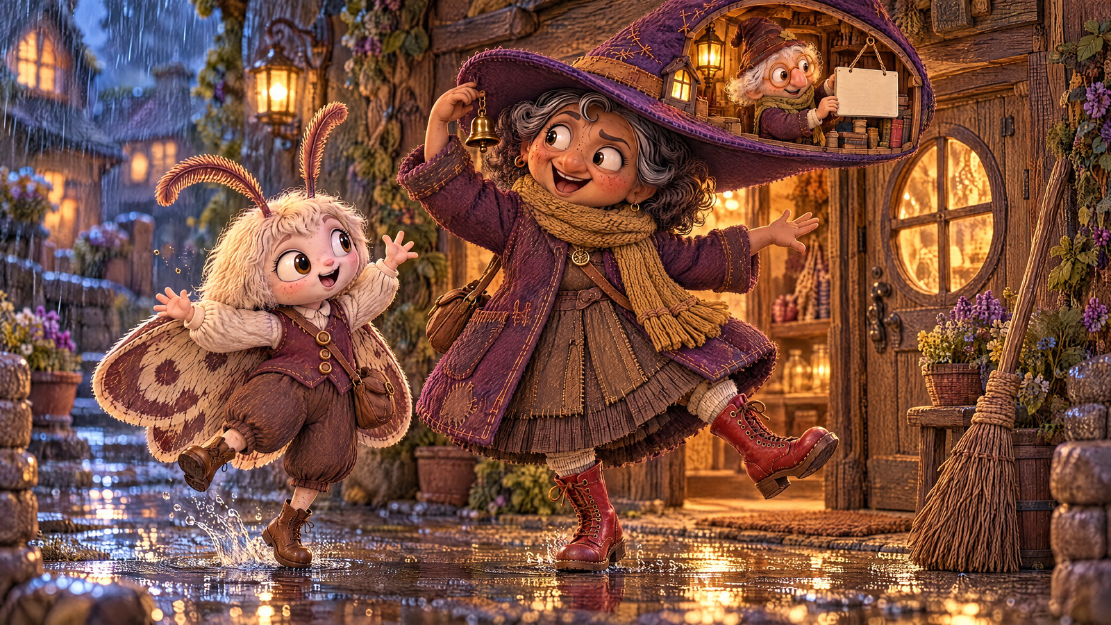 Now wearing both red boots the Witch puts on her hat for the puddle party; inside, Mister Button turns his small closing sign and Moth smiles at the tiny bell by her ear.