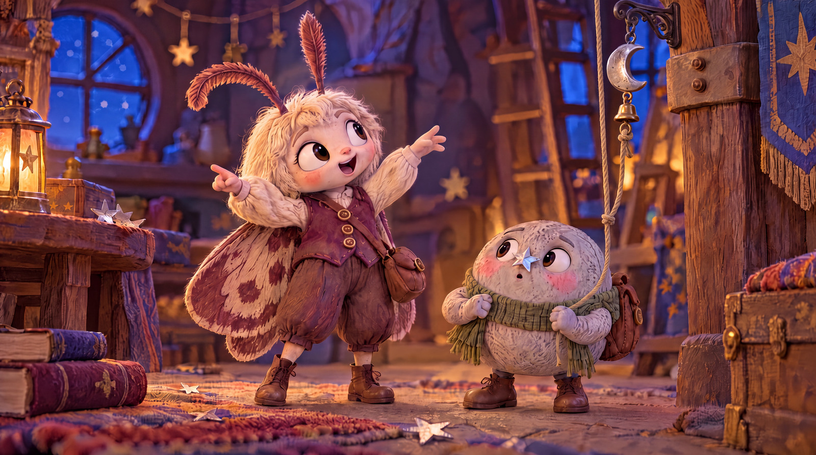 Moth points out the bell cord pulled upward while one silver paper star lands on Pebble’s nose.