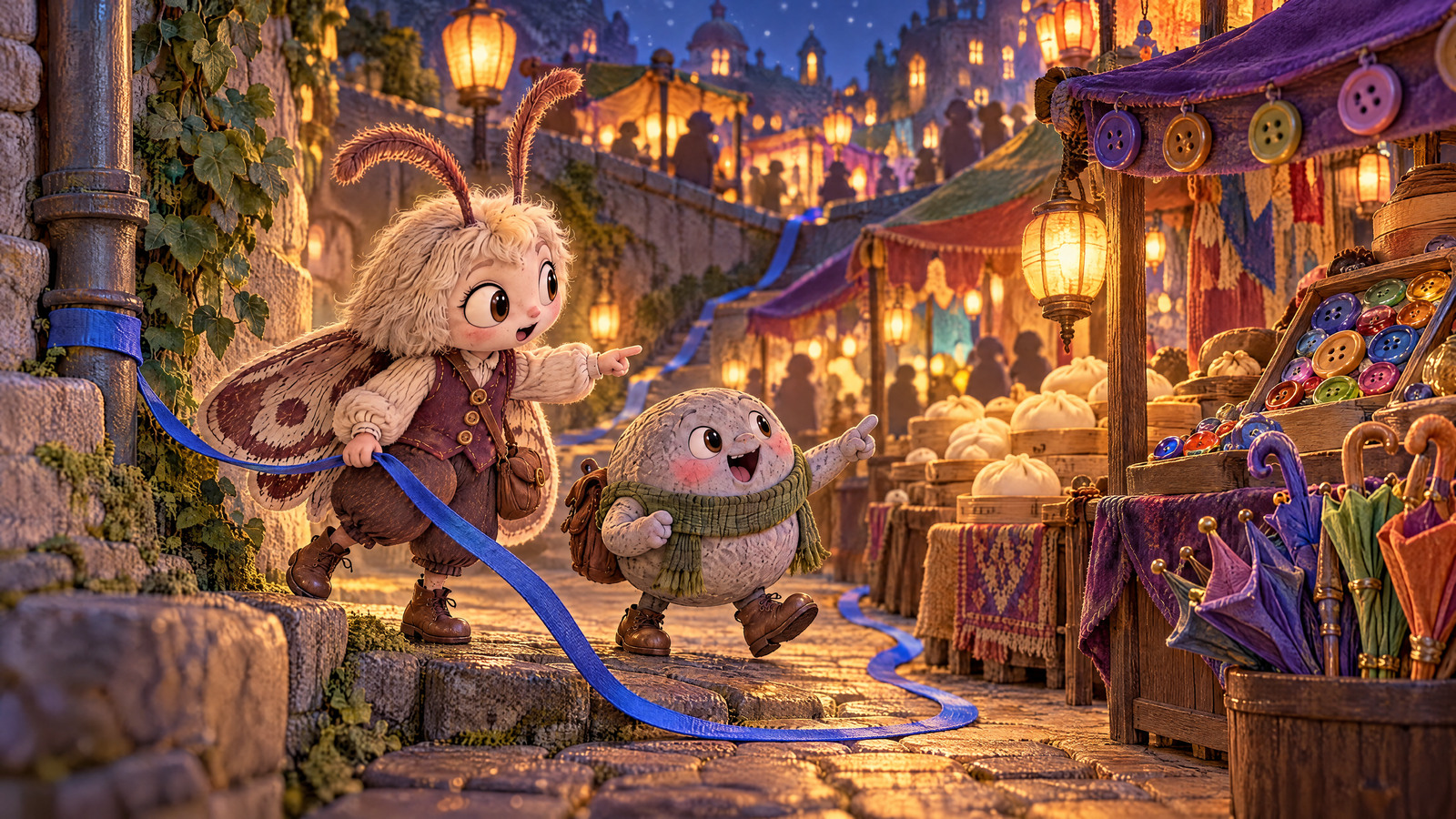 They follow the blue ribbon along gutter and over wall into the glowing night market of buttons, buns and impossible umbrellas.