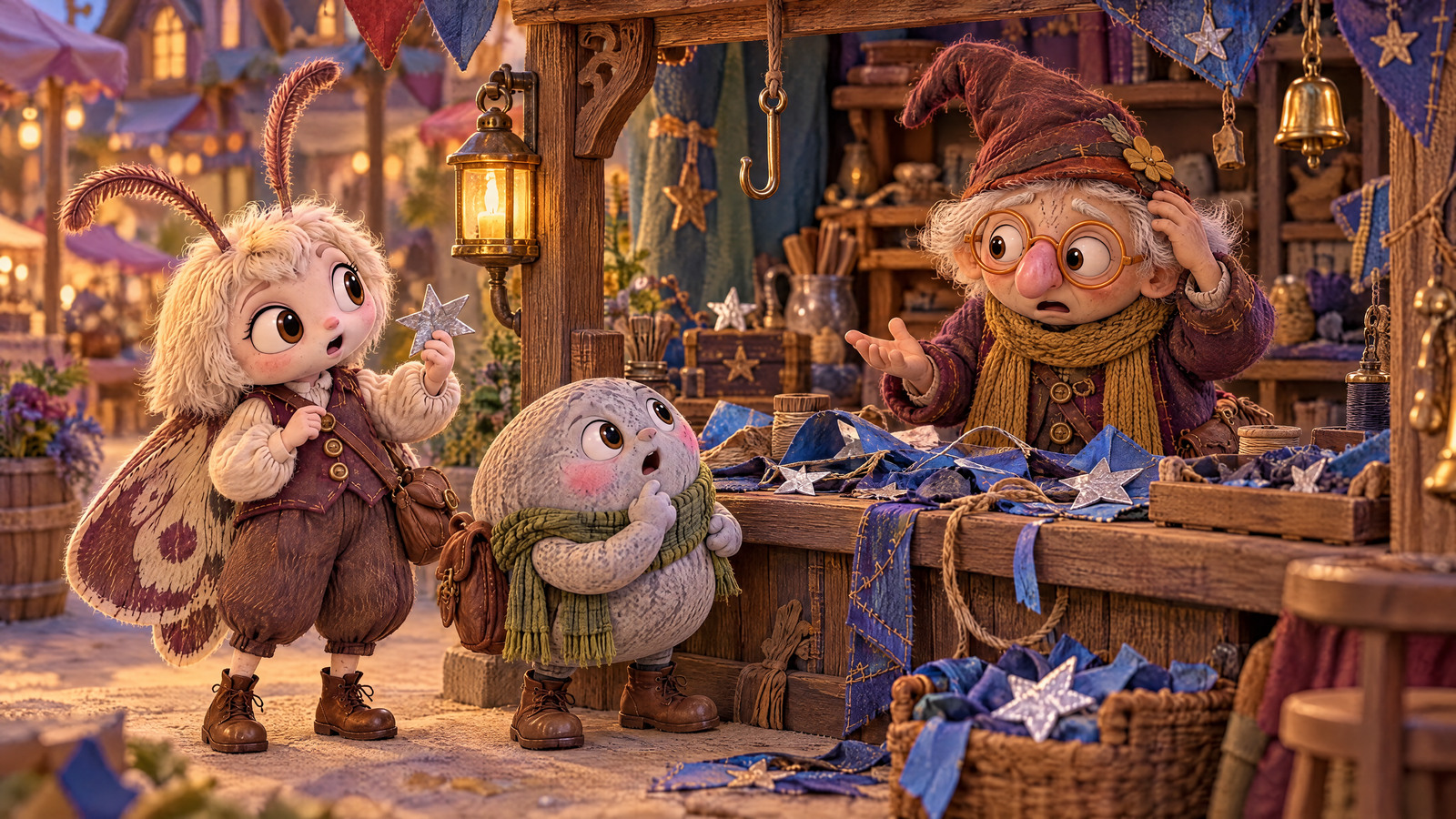 Mister Button stares at his empty hook while blue scraps and silver stars on the counter connect his escaped sky-whale to the children’s clues.
