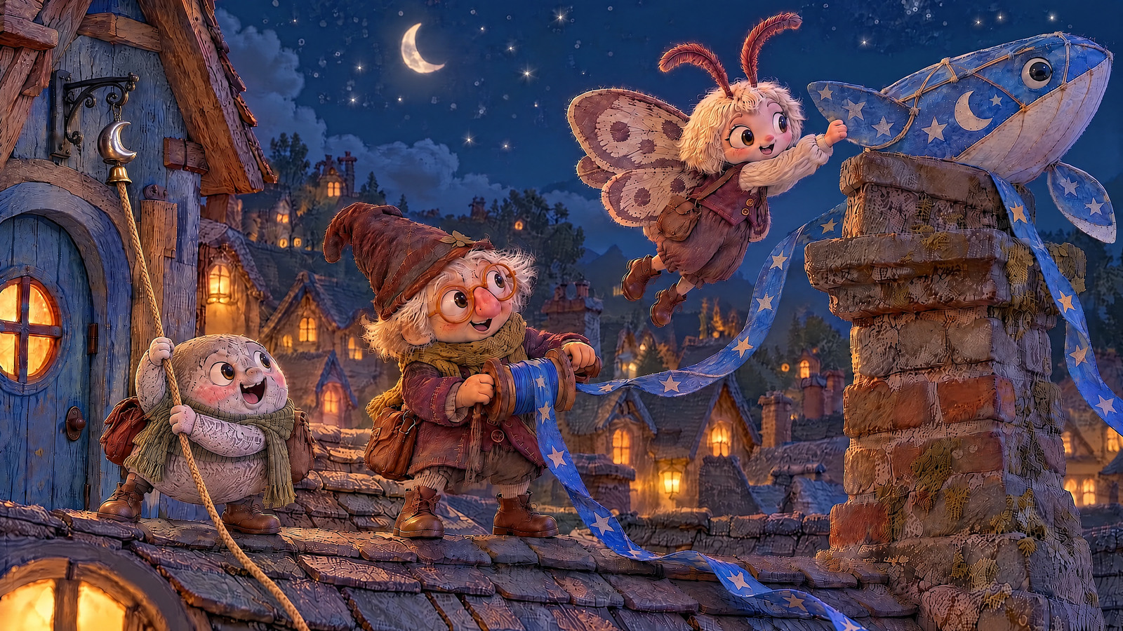Pebble steadies the cord, Mister Button winds the loose ribbon and Moth flies to lift one paper fin clear of the chimney brick.