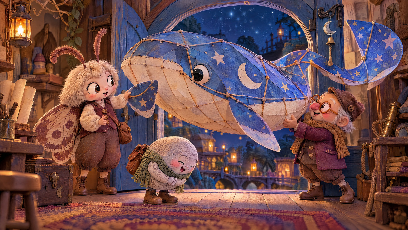 The freed paper whale floats into the doorway from side to side; Pebble bows while Moth gestures to fold its long tail.