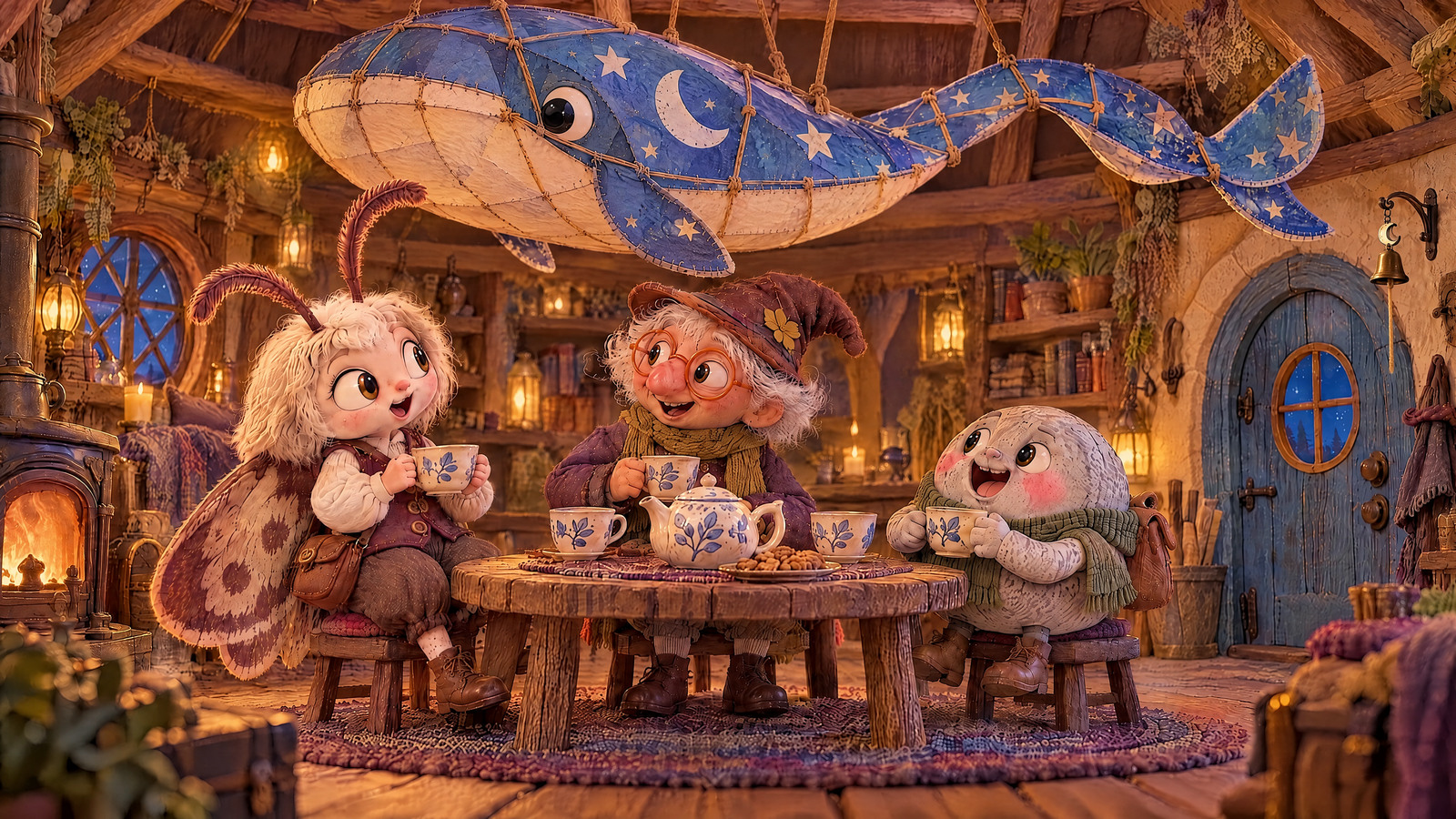 The sky-whale is safely spread across the ceiling above three cups; its silver stars shine over the friends’ resumed tea.