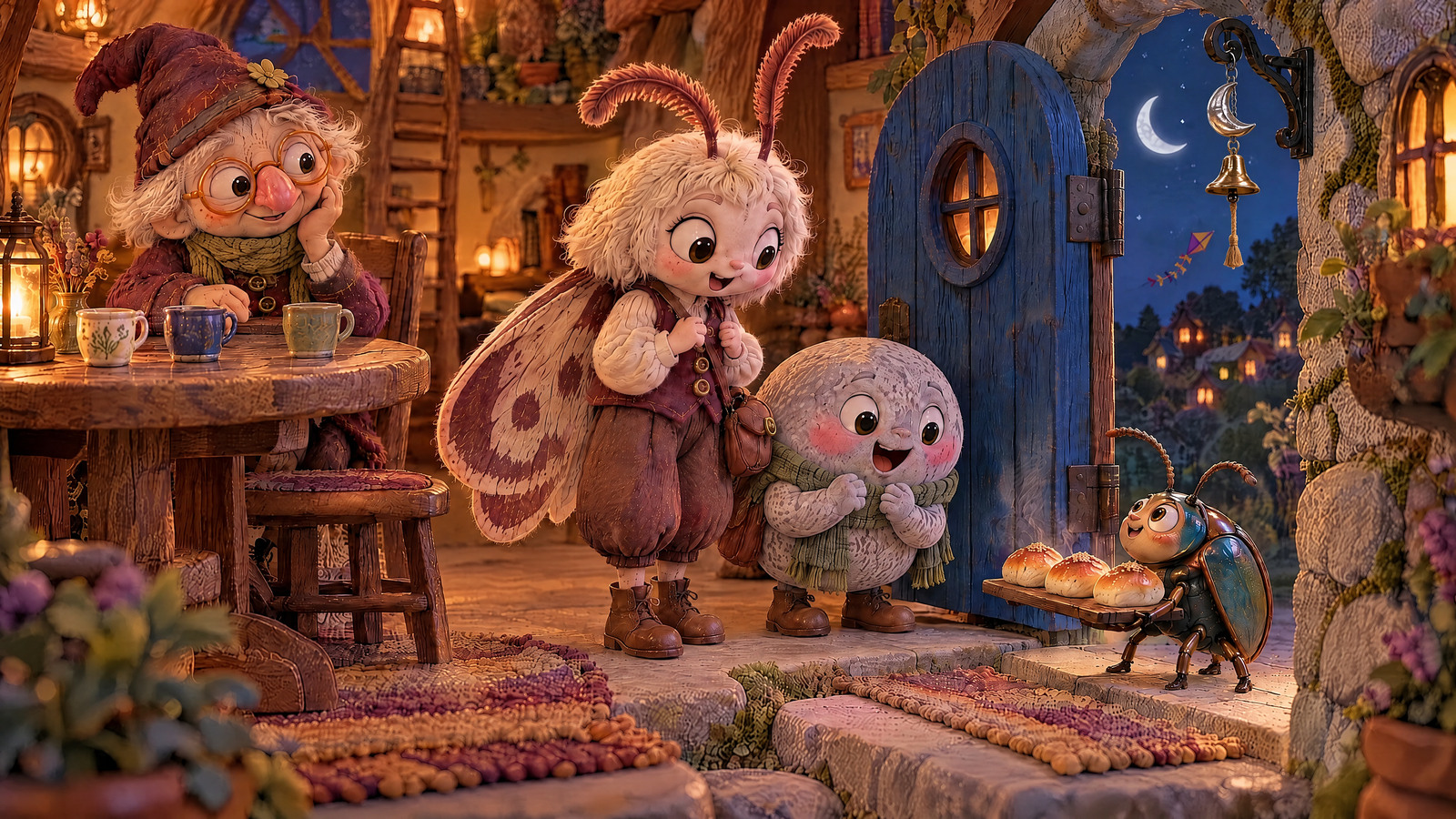 Moth and Pebble look up, then down to a small beetle on the step holding exactly three warm buns; Mister Button waits at the tea table.