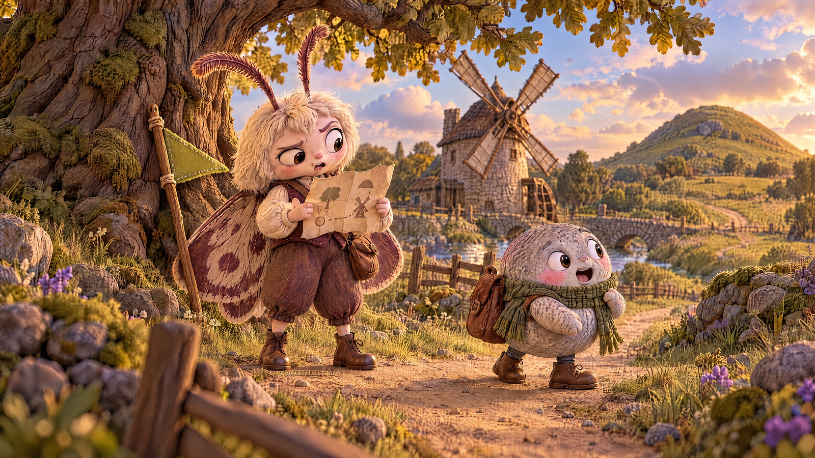 At the crooked oak Moth checks the map while Pebble looks behind himself; their one hill is now beyond the mill.