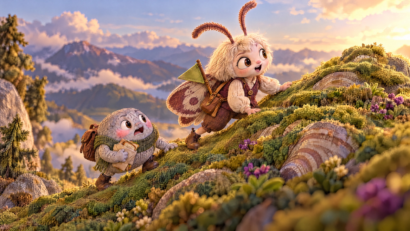 They scramble up the mossy slope; the ridge lifts gently beneath their feet while Pebble clutches the breakfast bag.