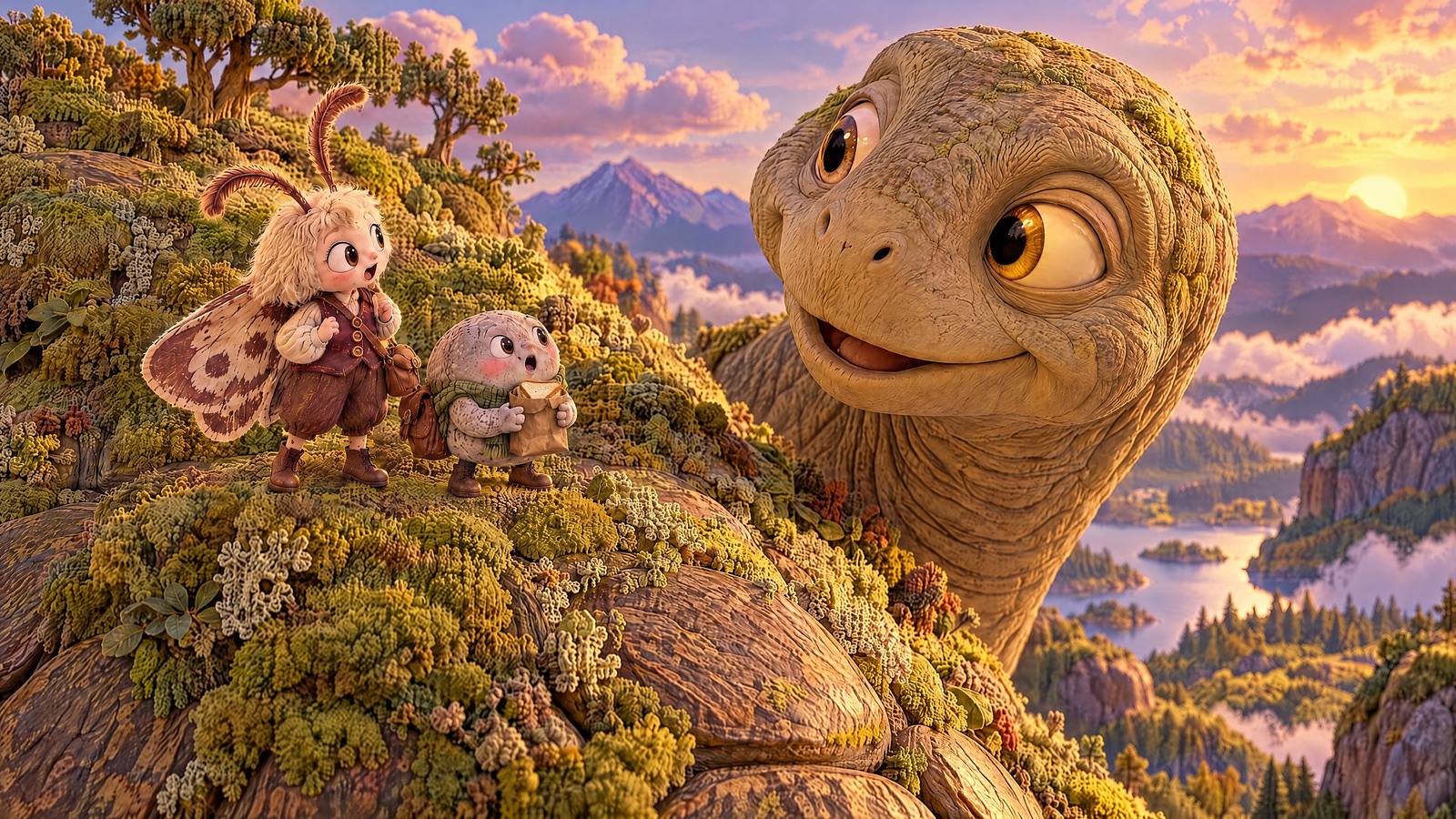 A huge amber-yellow eye opens beside the tiny climbers and the apparently moving hill is revealed as Grandfather Tortoise.