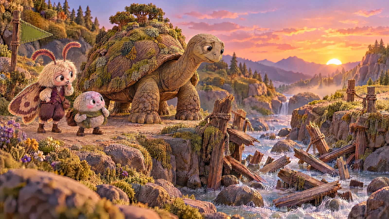 At the stream Grandfather stops before a visibly broken bridge, explaining his promise to reach Sunrise Sands.