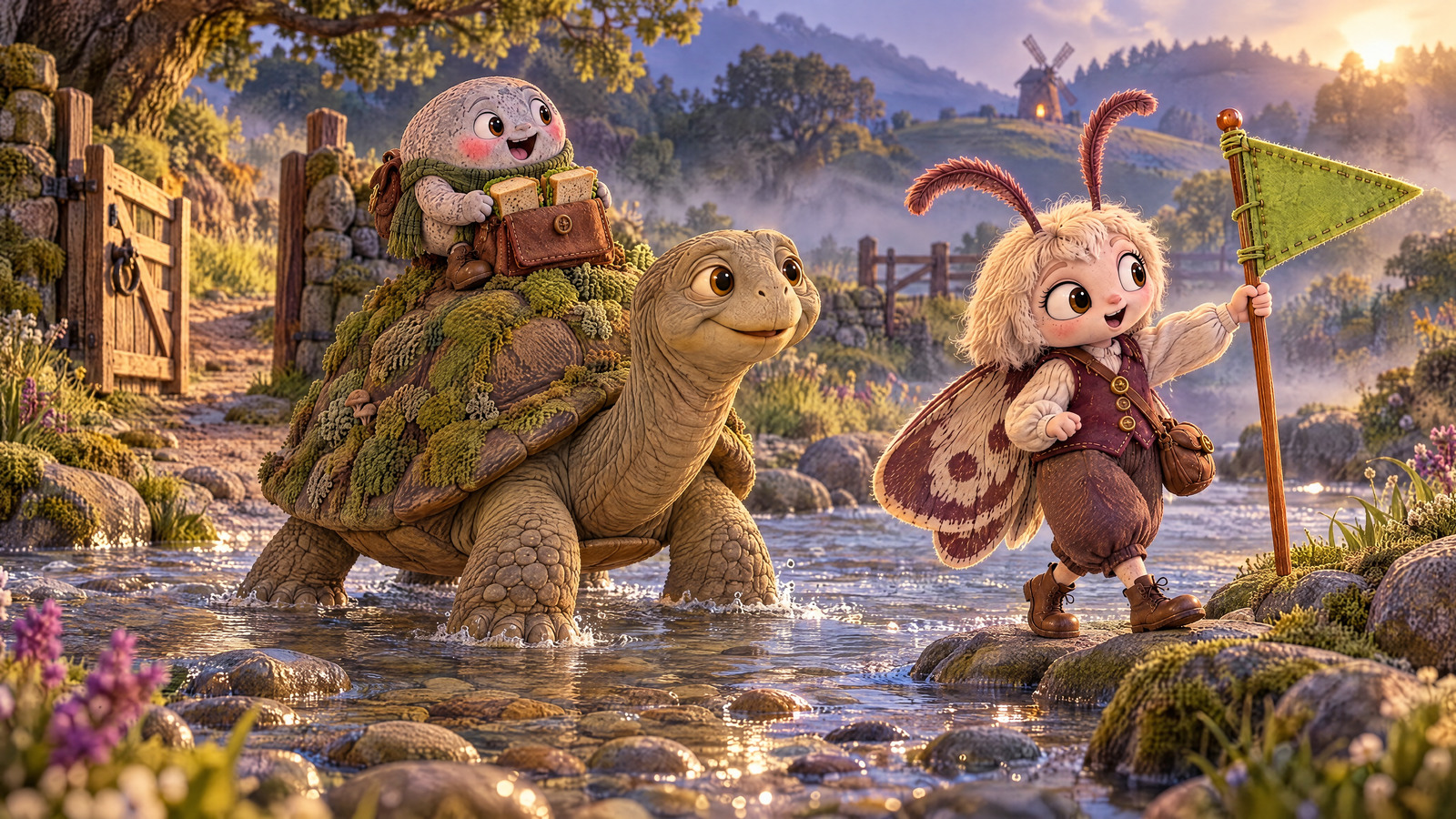 Moth raises the lime flag beside the shallow crossing while Grandfather follows it through mist; Pebble rides behind his head with both sandwiches dry.