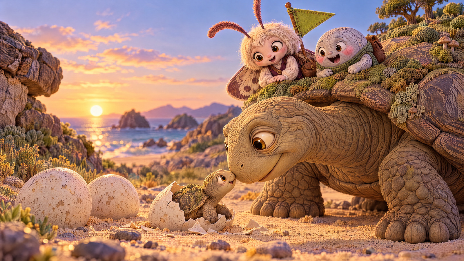At Sunrise Sands one egg opens and a single tiny tortoise touches Grandfather’s lowered nose; two other eggs are still whole nearby.