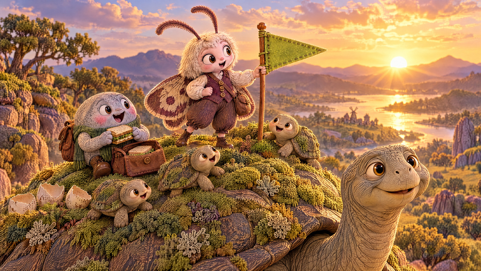 Sunrise turns the sand gold; Moth plants the flag in shell moss while Pebble unwraps two sandwiches and three hatchlings climb a low part of Grandfather’s shell.