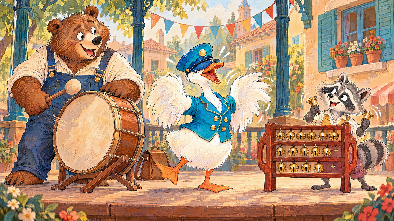 Bear leans into drumbeat, Raccoon shakes rack in delighted solo; Goose waves rapidly but her hat slides over both eyes and her open beak goes unheard.