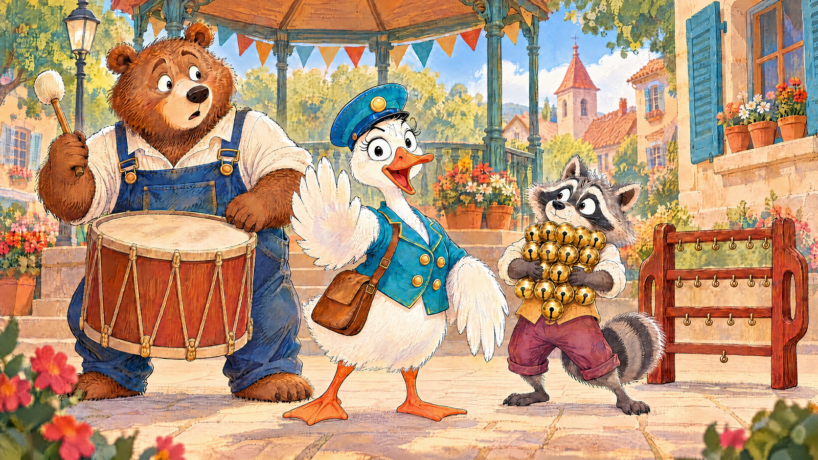 Goose has pushed up cap and closes one wing in STOP signal while looking to reader. Bear freezes with raised stick; Raccoon presses all seventeen bells against tummy with both paws, cheeks taut.