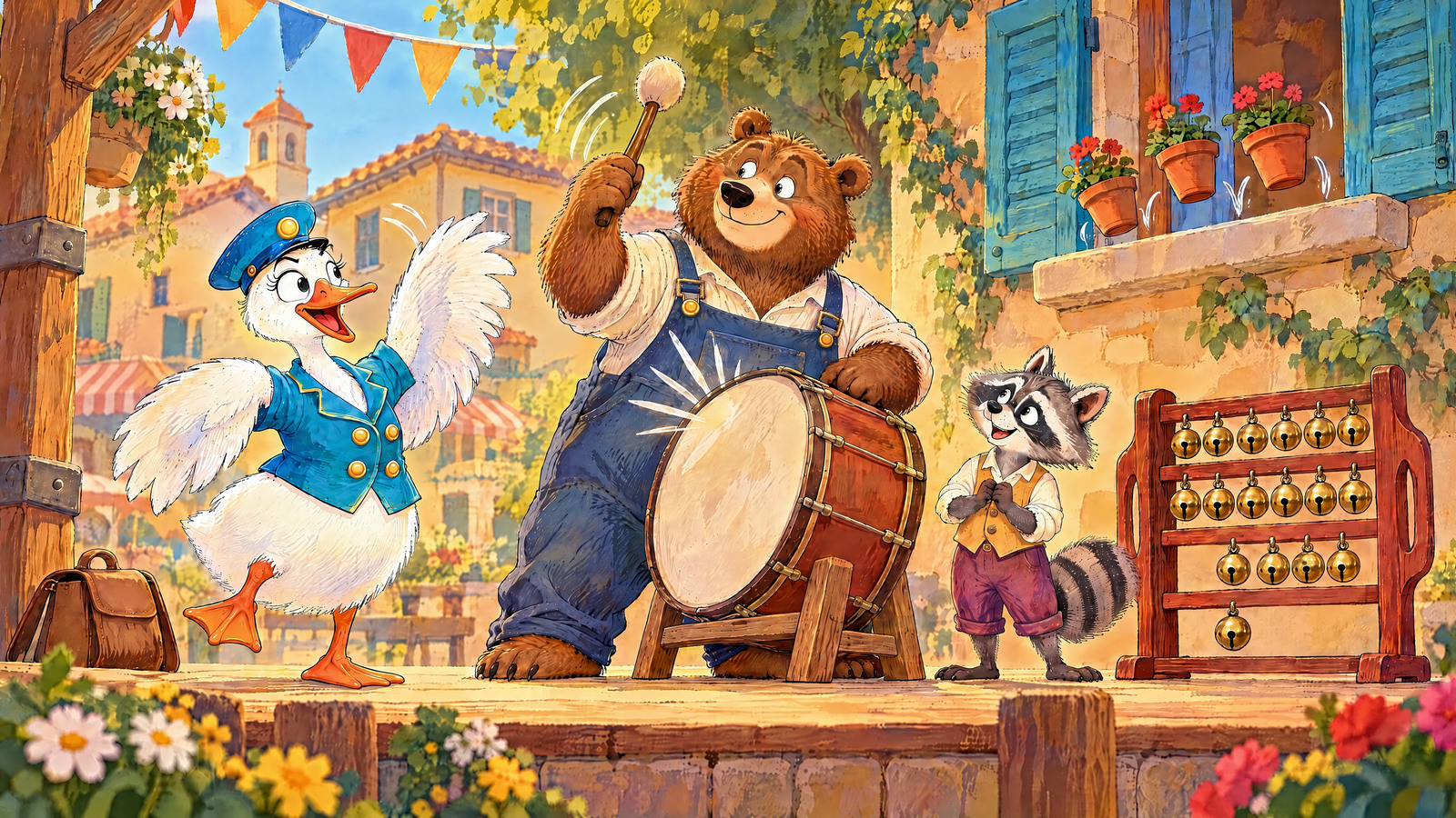Goose completes fourth broad wave as Bear makes one giant boom; three flowerpots hop a small safe distance above windowsill. Raccoon holds still awaiting turn.