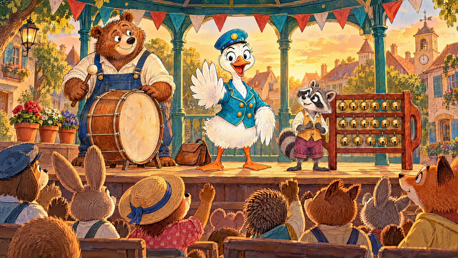 At concert Goose faces reader/audience with STOP signal; Bear and Raccoon pause. Front-row original animal children/adults pat knees or raise one hand/paw in participation.