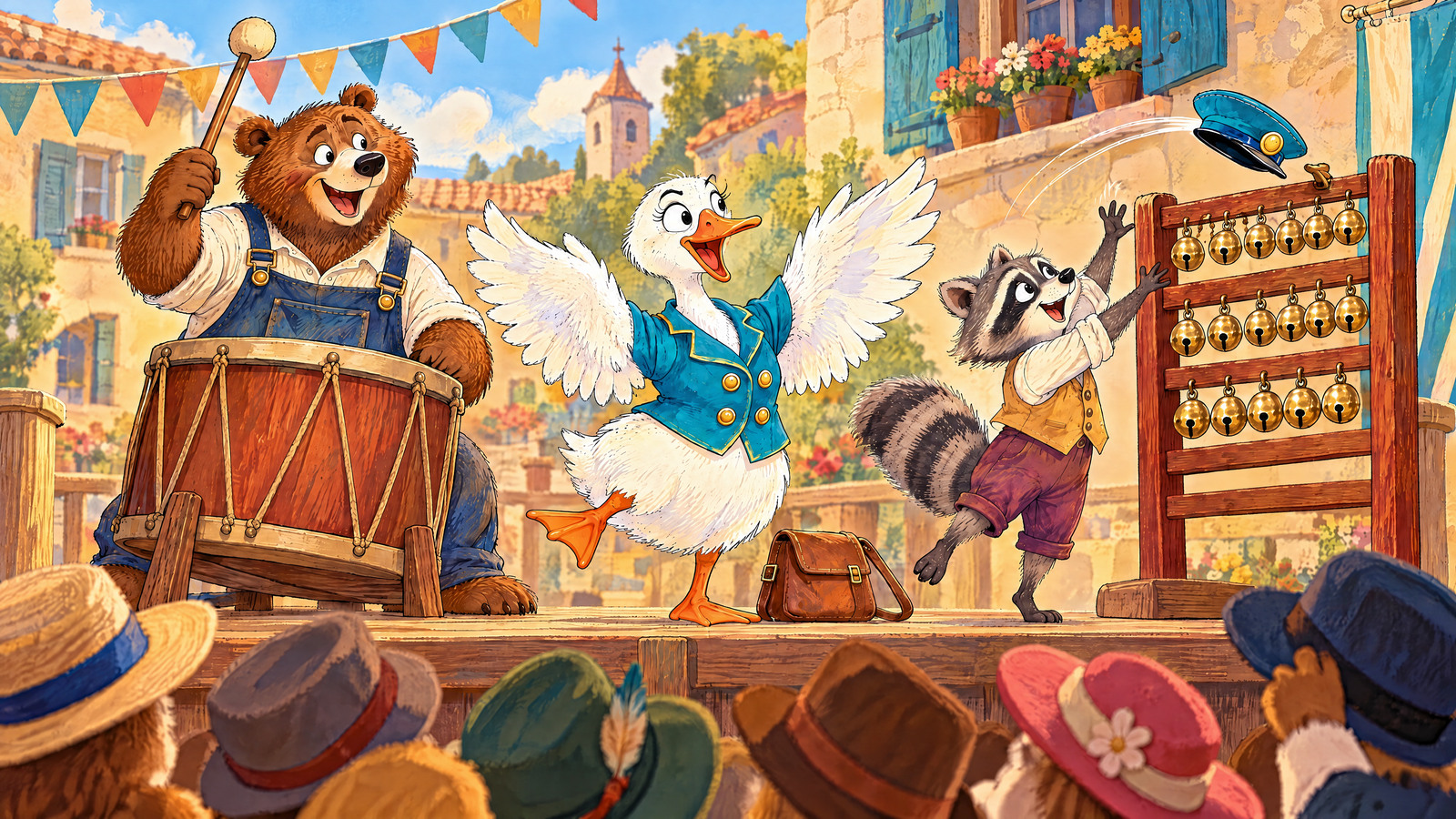 Goose throws both wings wide; Bear drumstick stands momentarily upright above drum; Raccoon catches Goose flying cap on rack. Front-row hats lift clear of heads in joyful finale.