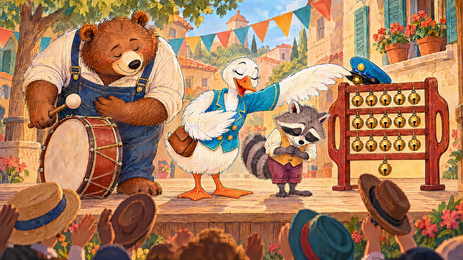 Three performers bow. Bareheaded Goose reaches wing toward cap on rack; one tiny bell peeks under brim ready for final ting. Audience catches own hats.
