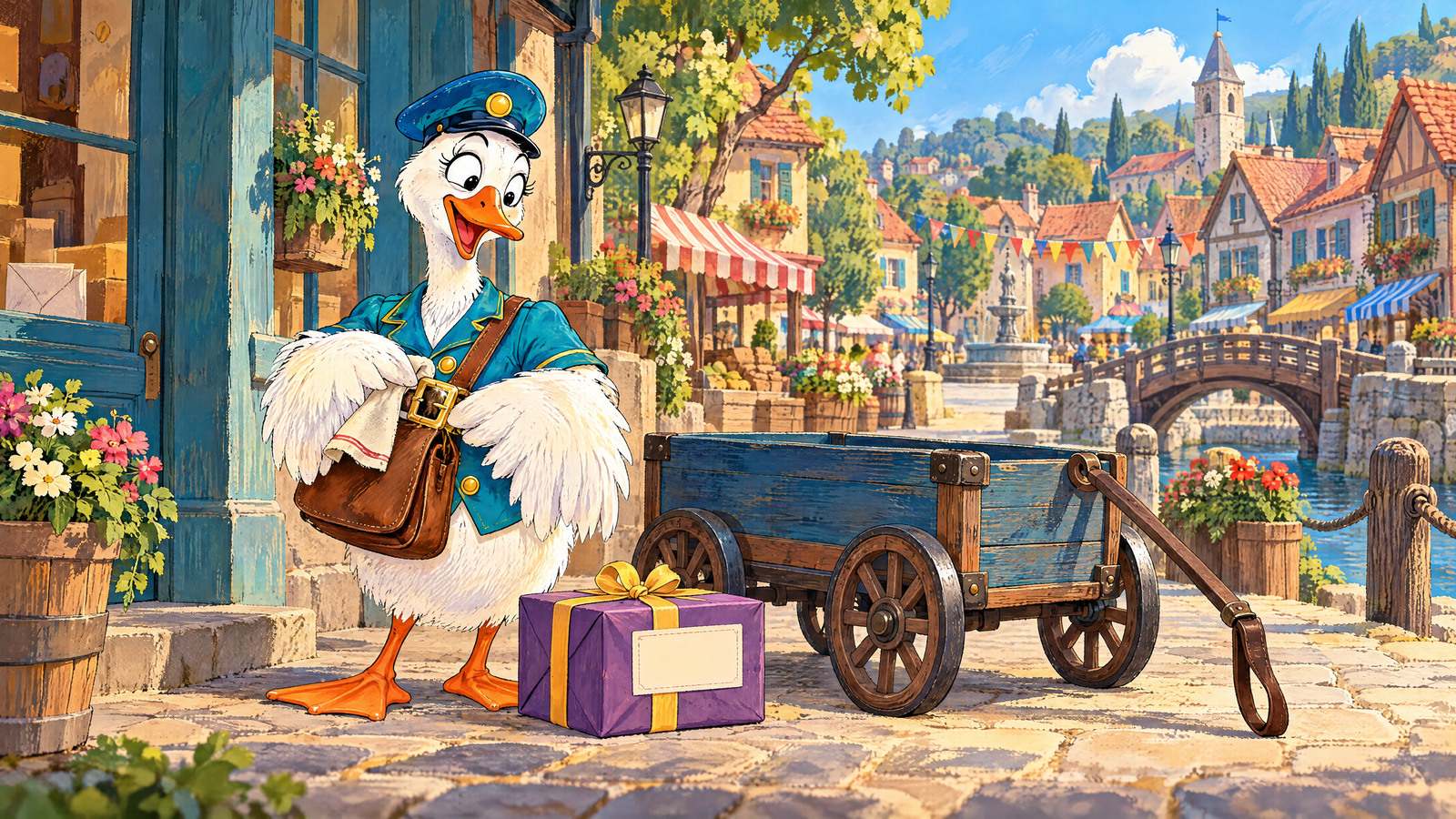 Goose polishes her postbag buckle beside a purple parcel and a wooden delivery cart.