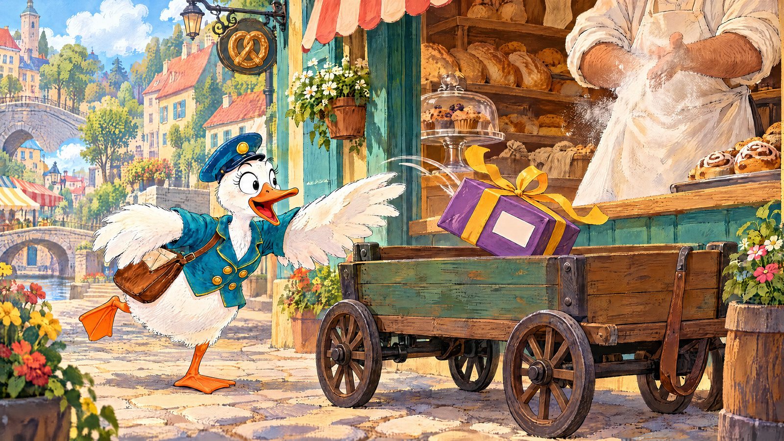 At bakery, cropped baker forearms beat a dusty apron while parcel bounces cleanly over delivery cart side; Goose lunges with one wing toward ribbon, surprised.