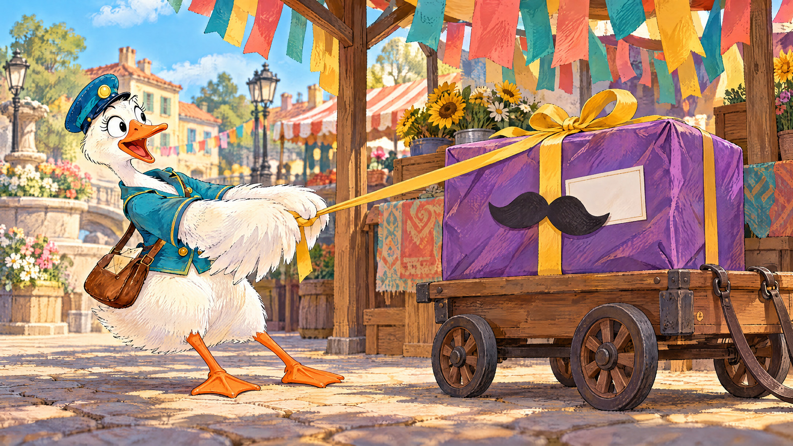 Purple parcel emerges below stall of fluttering paper streamers with one black paper mustache stuck across front; Goose catches taut yellow ribbon and leans backward, breathless disbelief.