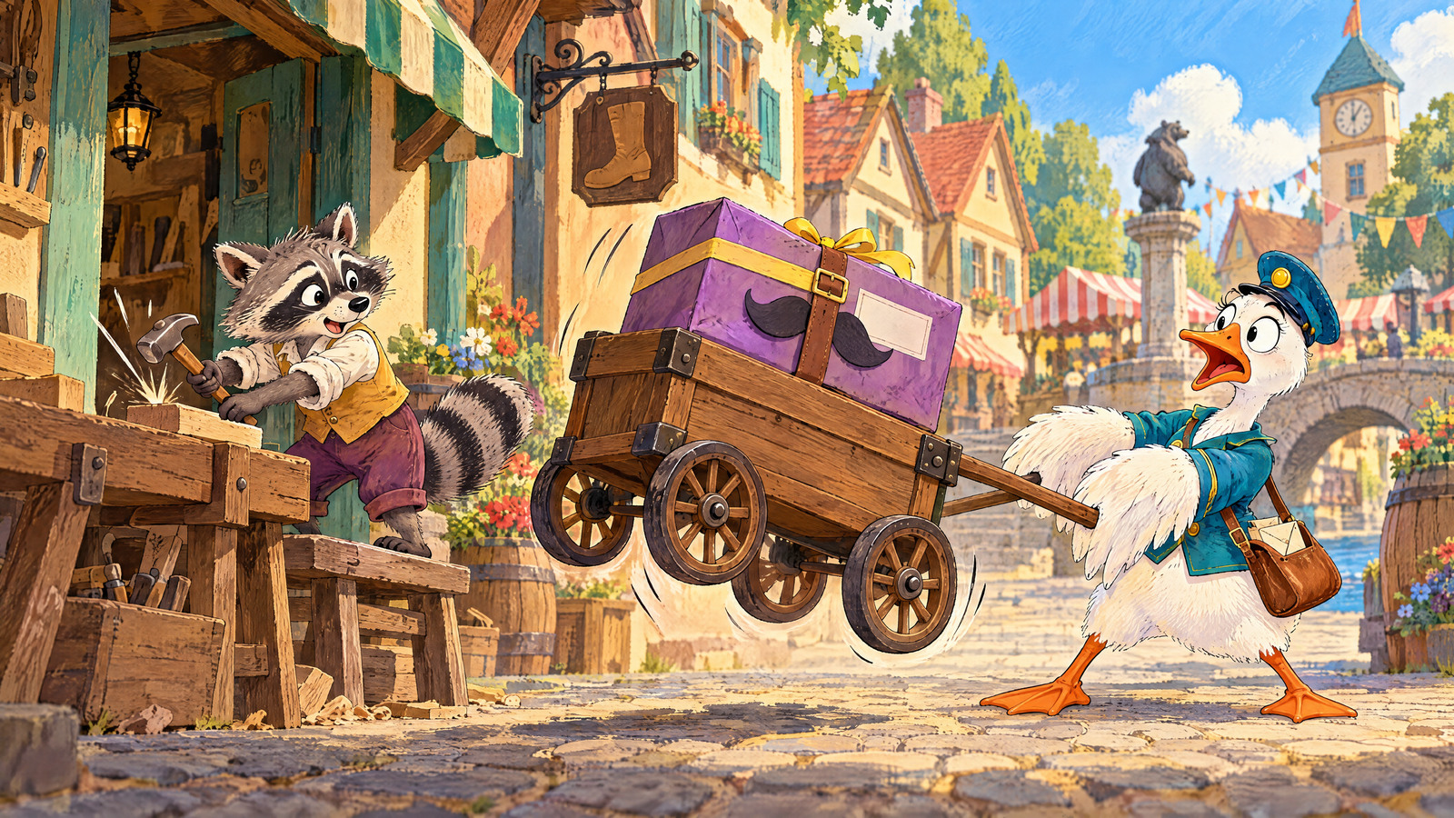 At carpenter window Raccoon taps hammer on wooden workpiece; strapped parcel and cart lift slightly together. Goose braces cart handle, both feet grounded, beak flat with disbelief.