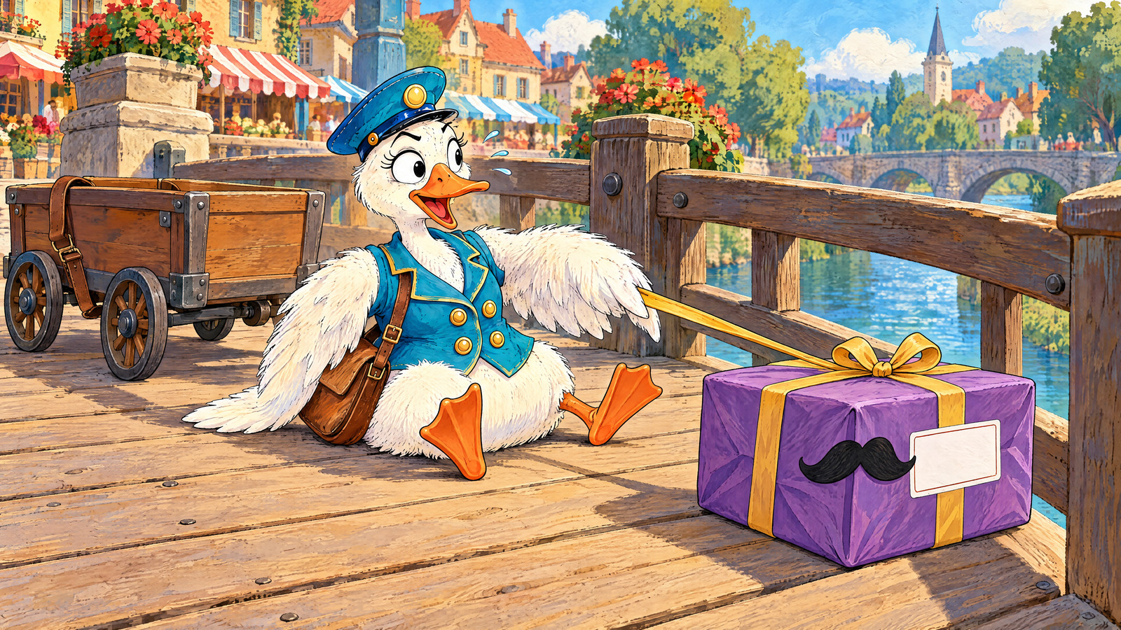 Goose just sat down hard on bridge, pulling ribbon taut as wriggling parcel stops safely short of rail opening. Free wing balances; unfastened strap rests on parked cart behind.