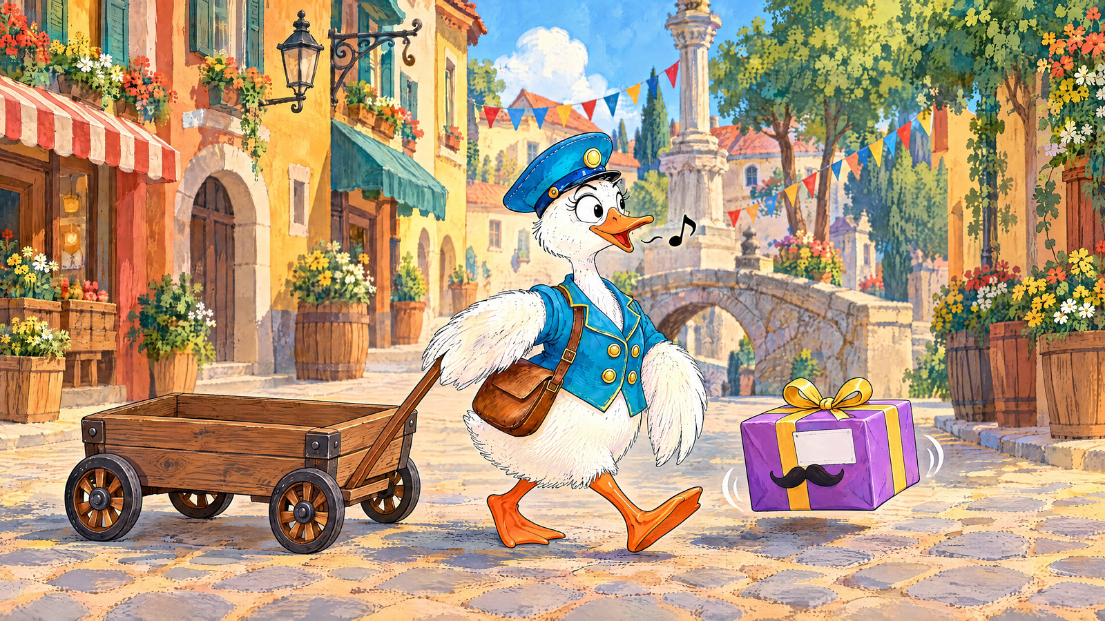 Goose whistles as she pulls a wooden cart through town beside a hopping purple parcel with a paper moustache.