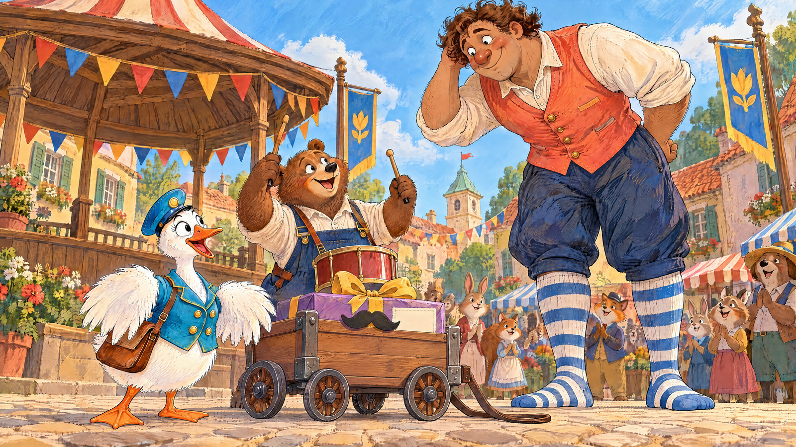 Goose and sealed dancing parcel look up past hats in square. Mister Thump towers above crowd in striped socks, trying to hide toes behind low bandstand. Bear drummer raises sticks nearby.