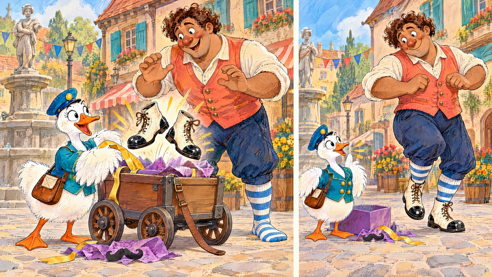 Two clearly separated chronological panels: larger left Goose unties bow and exactly two gleaming cream/black boots spring from opened parcel, giant still socked; smaller right same giant now wears those boots, knees/shoulders bobbing, Goose ready to whistle.