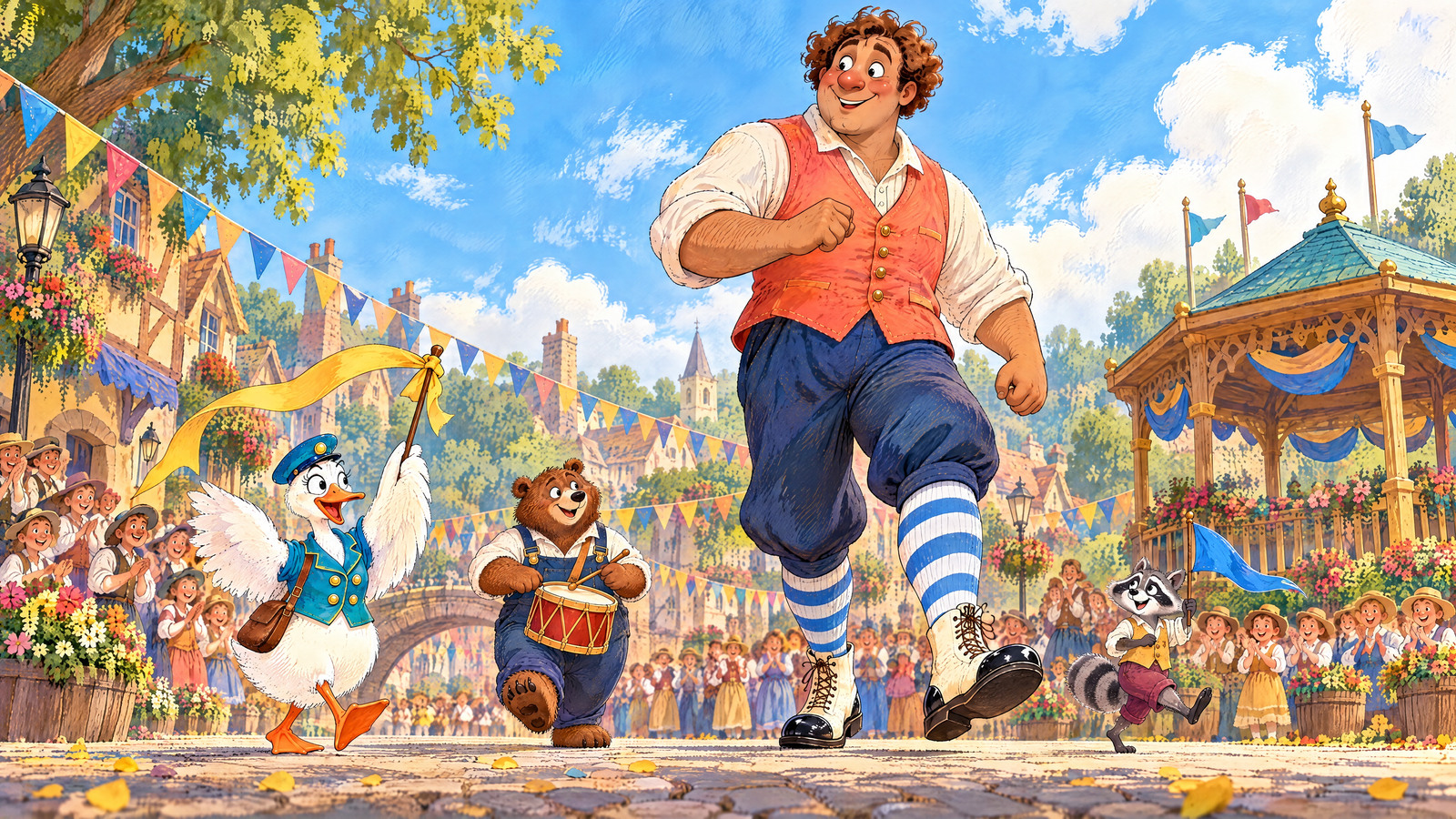 Goose leads parade, yellow ribbon high in raised wing. Mister Thump dances behind in two new boots; Bear plays drum and hat/flag crowd follows past bandstand.