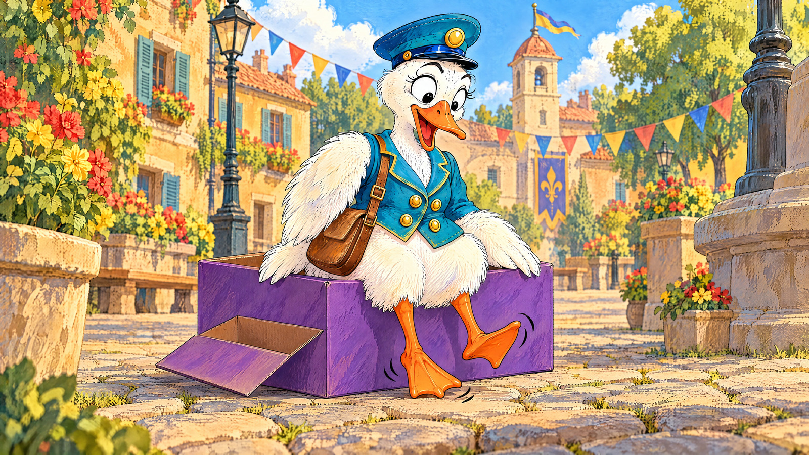 Goose sits on empty purple box at quiet square edge. She leans to look underneath while her own two webbed feet tap on cobbles; open flap confirms empty box.