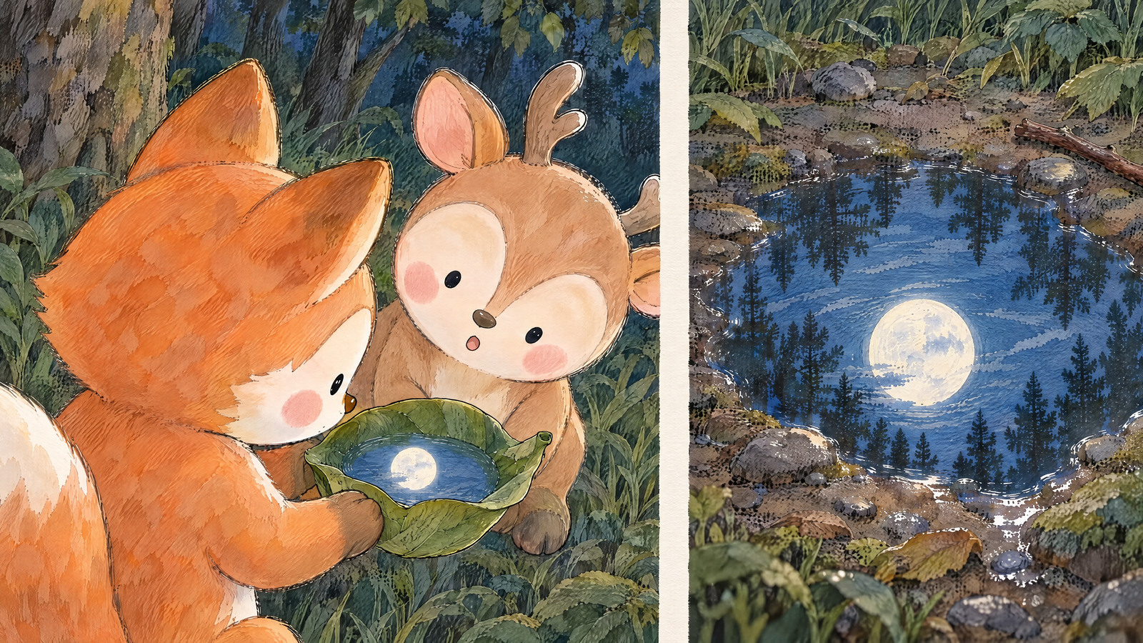 Fox lifts leaf bowl holding little water; reflected moon in bowl and larger puddle reflection both round again. Deer compares them with tilted head.