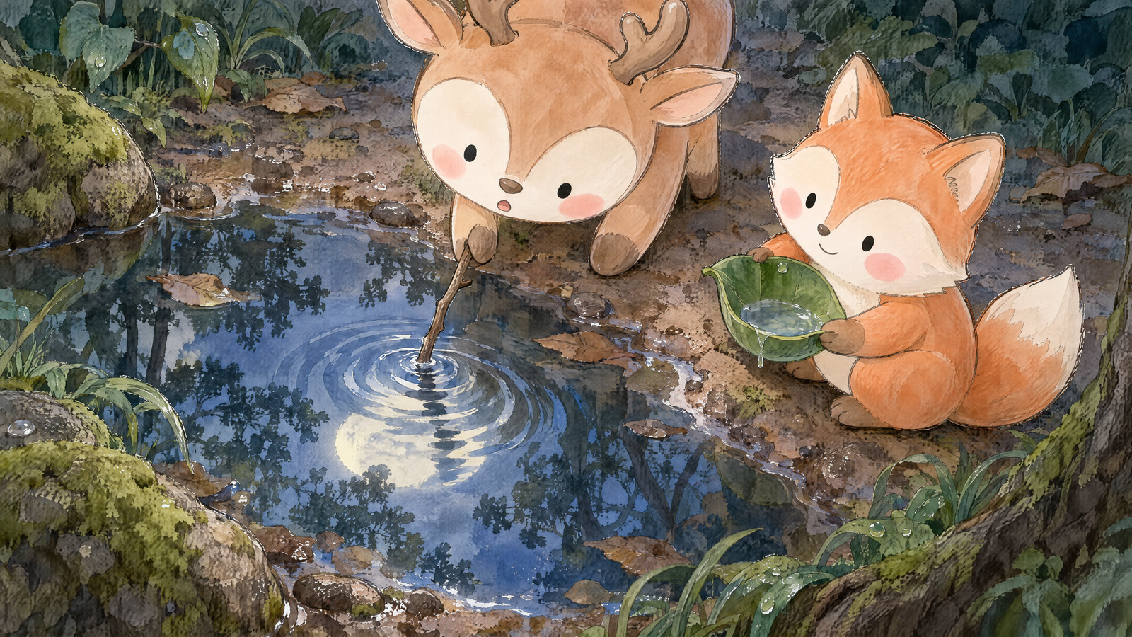 Deer uses a fallen twig carefully at puddle edge; where tip touches water moon reflection wrinkles apart. Fox holds leaf bowl steady, watching.