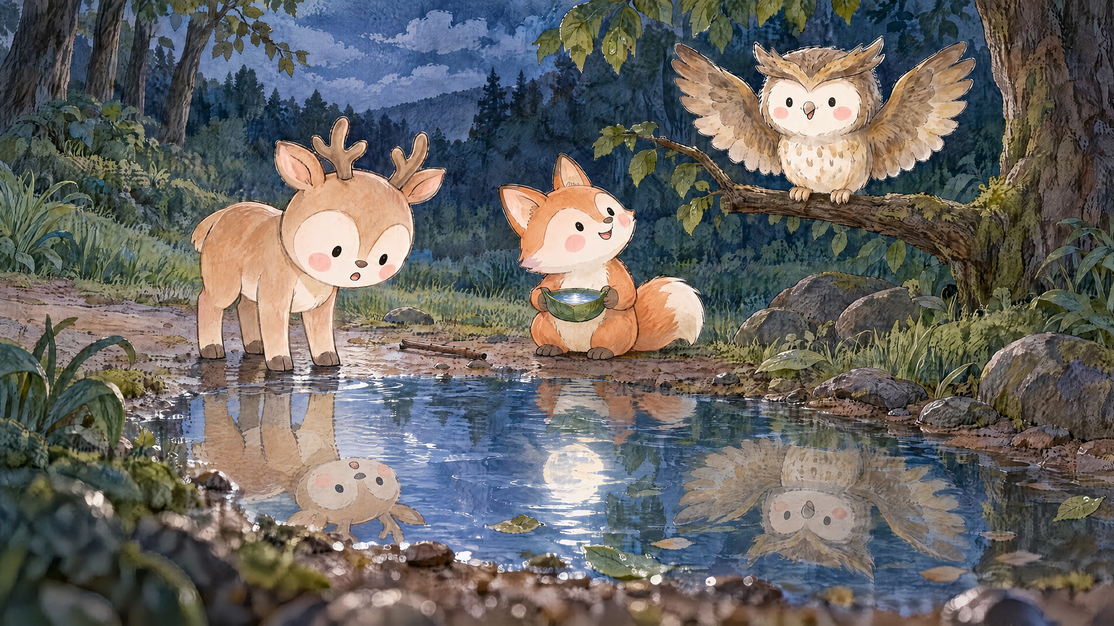 Owl lands on low branch and opens both wings; Deer looks down at matching wing reflection then turns toward Owl. Fox pauses with bowl.