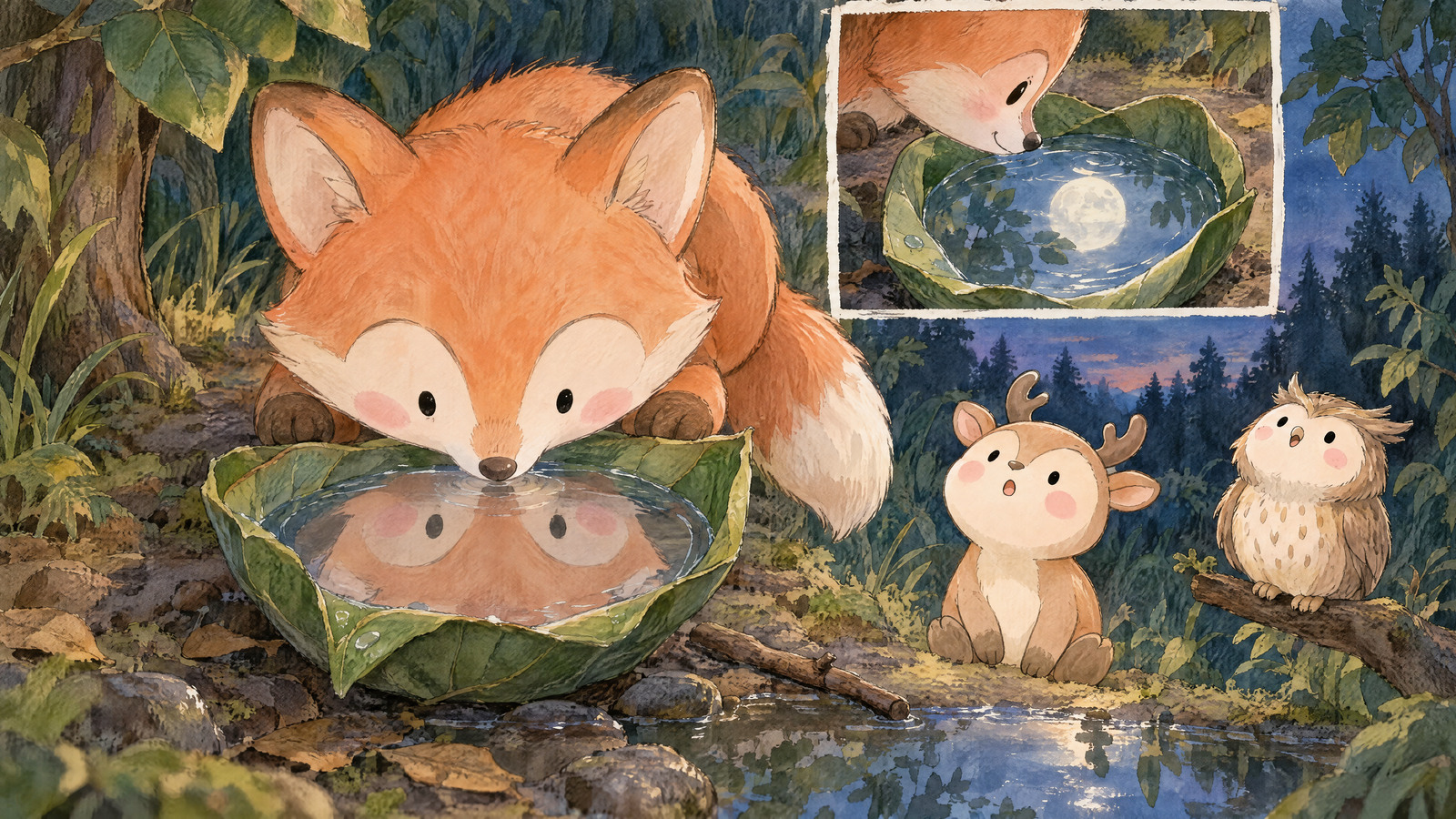 Fox sees his face reflected in a leaf bowl. A small inset shows the moon reflected in the bowl, while Deer and Owl look upward.