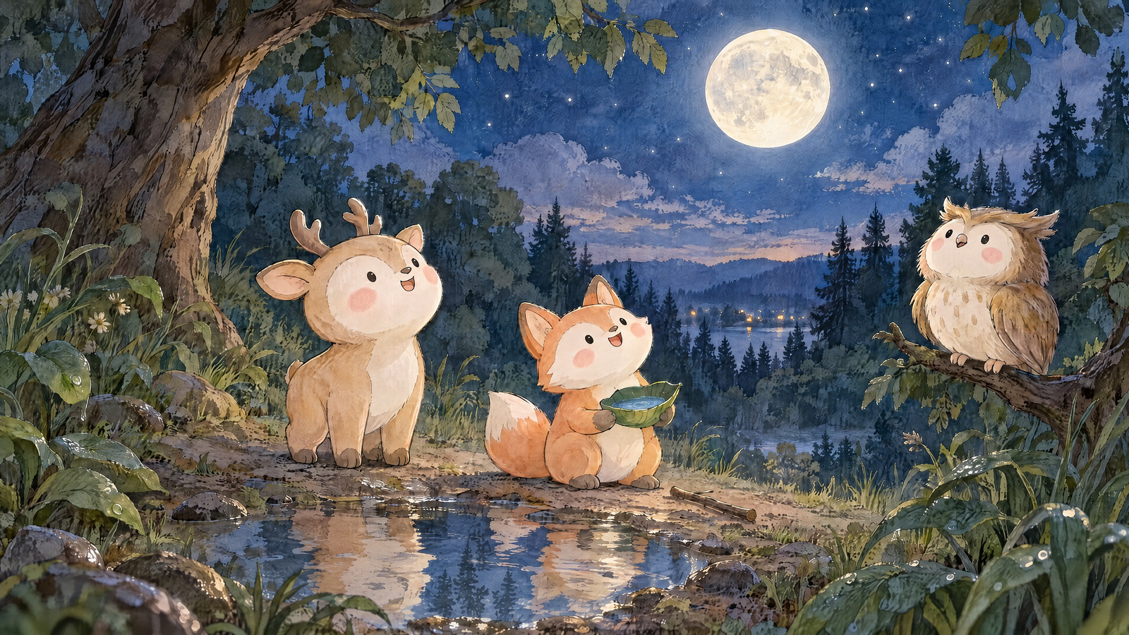 All look up at real round moon safely high above trees. Fox holds tiny leaf bowl below, comparing its scale to enormous sky; Deer relaxed and relieved.