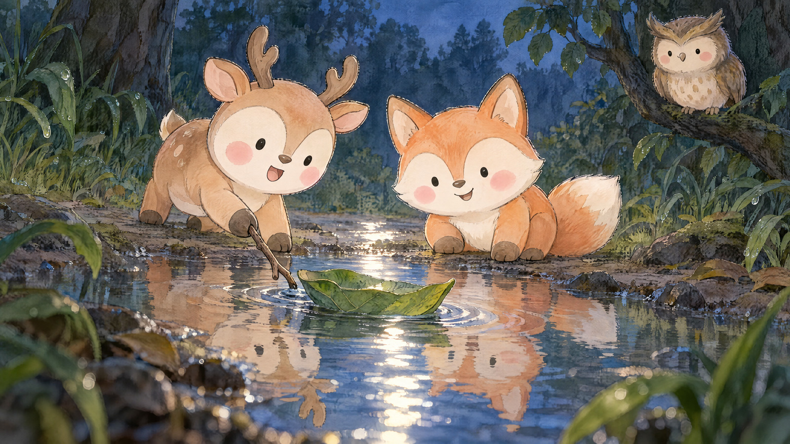 Fox has gently tipped water back and sets same broad leaf afloat as boat; Deer nudges edge with twig, leaf sails through reflected silver trail. Owl watches from branch.