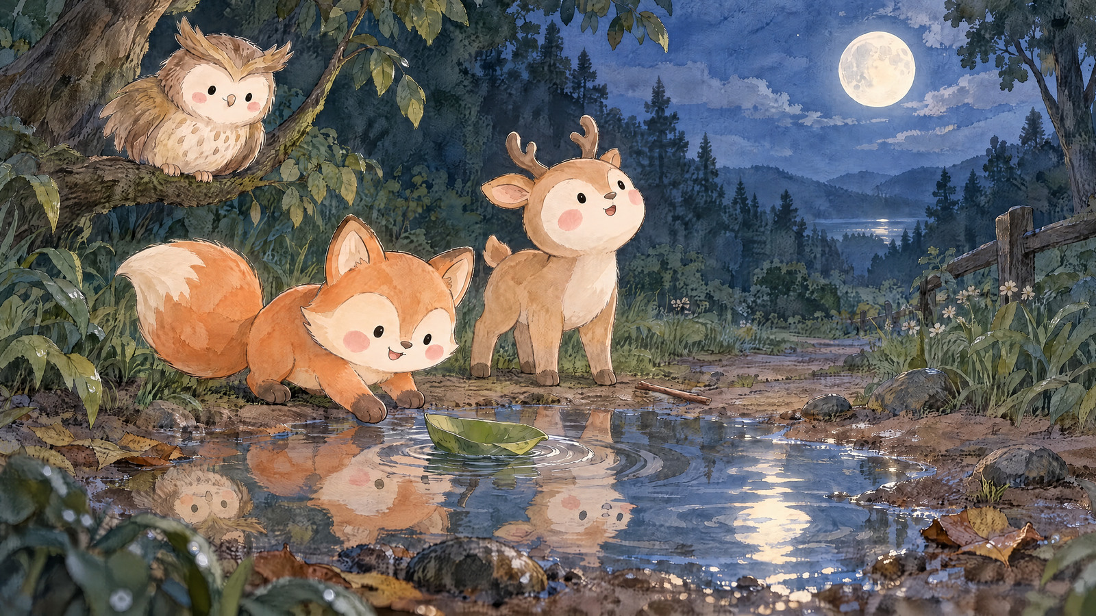 Small breeze ripples puddle and slowly turns leaf boat. Deer looks up at real moon unchanged while Fox follows spinning boat and Owl feathers stir lightly.