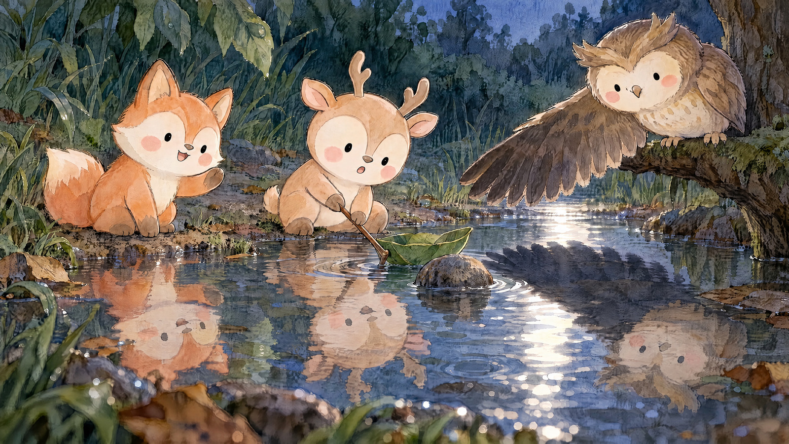 Fox makes tiny wave at edge, Deer steers leaf around one stone with twig; Owl stretches one wing between moonlight and water so dark wing shadow becomes bridge over boat.