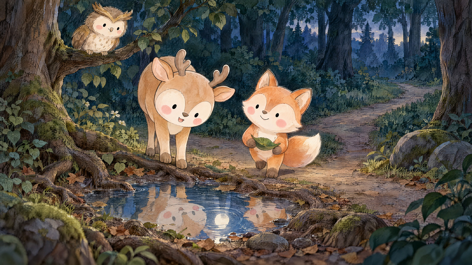 At path fork a second little puddle shines among roots. Deer glances down then up in familiar greeting; Fox carries same leaf home in paw, Owl accompanies from nearby branch.
