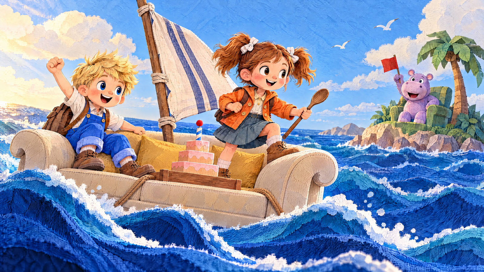 The sofa becomes a broad cushion ship as the children raise one striped tea-towel sail; Hippo waves a small red square flag from his armchair island.