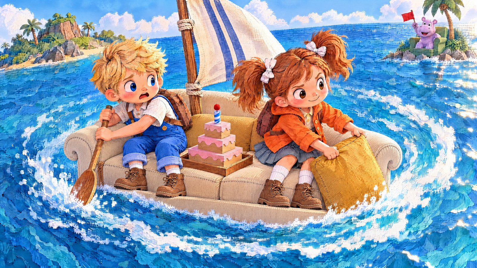 John paddles with the wooden spoon and the ship circles; Julia dips the loose flat mustard cushion as a rudder to turn them back toward Hippo.