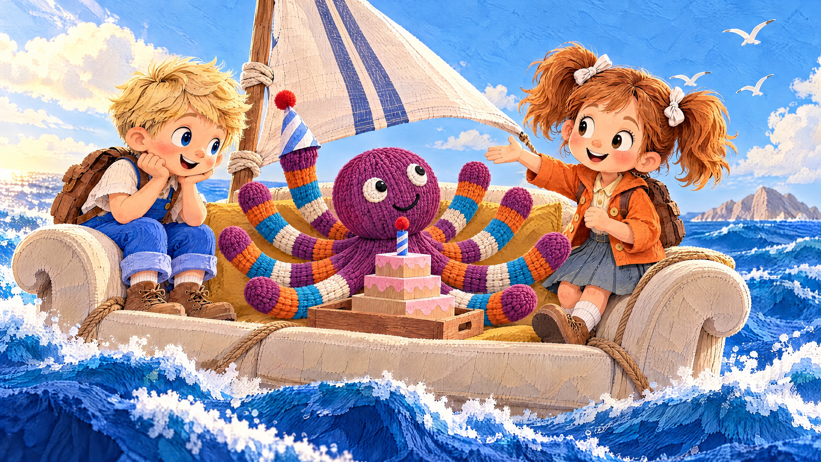 Julia offers one folded paper party hat; the octopus wears it on one arm and holds up its other seven empty arms.