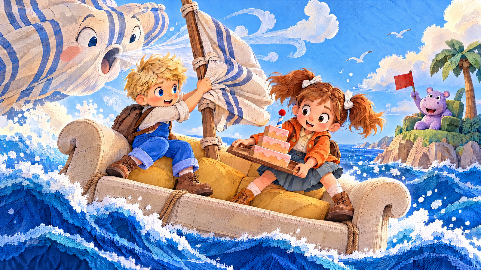 A billowing curtain-whale sneezes; John folds the inflated tea-towel sail while Julia catches the sliding tray and keeps the three blocks upright.