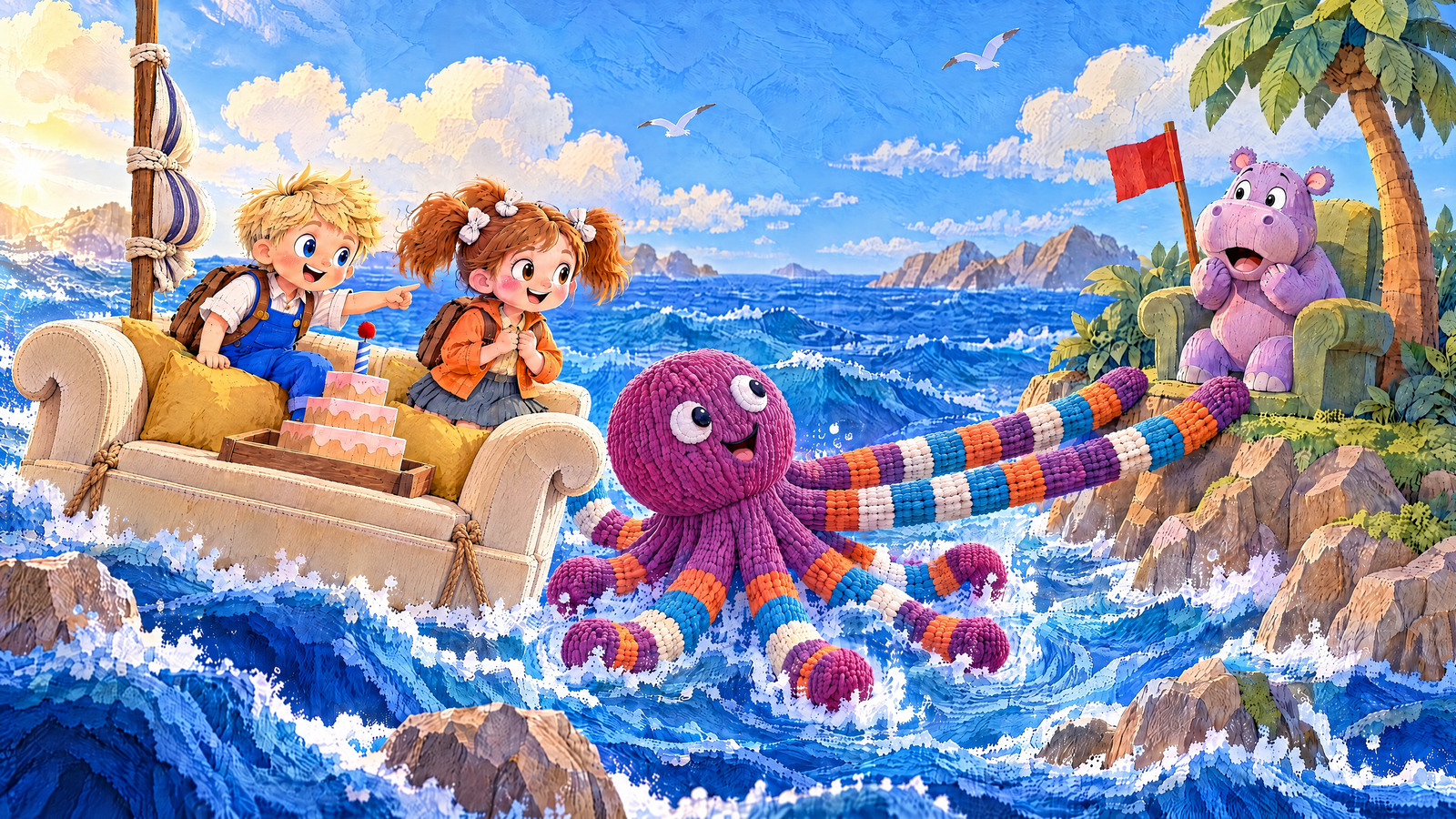 The ship stops short of Hippo’s island; the invited octopus stretches two of its eight arms into a soft bridge across the swirling gap.