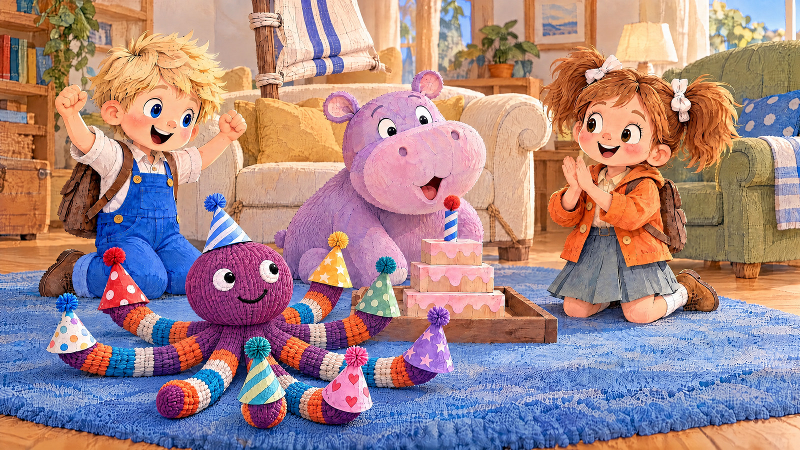 Back in the ordinary room Hippo pretends to blow out the felt candle while the sock octopus displays all eight paper hats, seven on arm tips and one on its head.