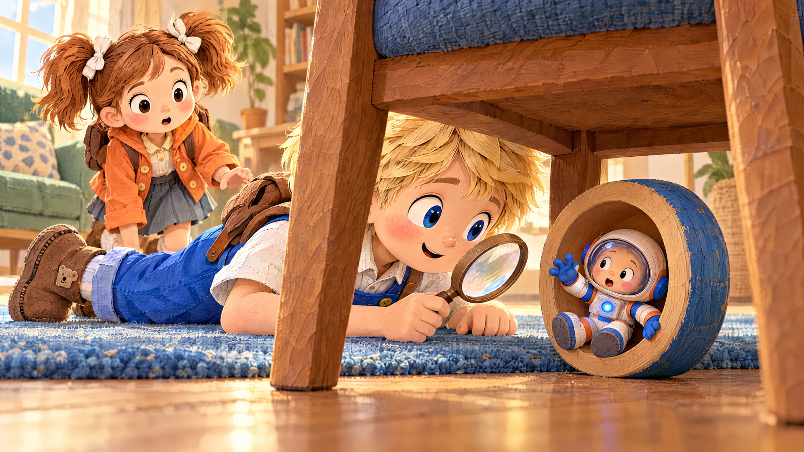 John lies on the rug to inspect the tiny blinking astronaut stranded inside one wooden stacking ring beneath the chair.