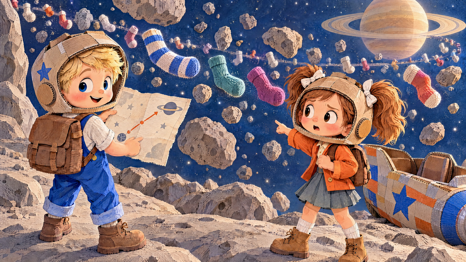 John shows a simple route map while a tumbling belt of socks crosses the straight path; Julia points out why zooming through would fail.
