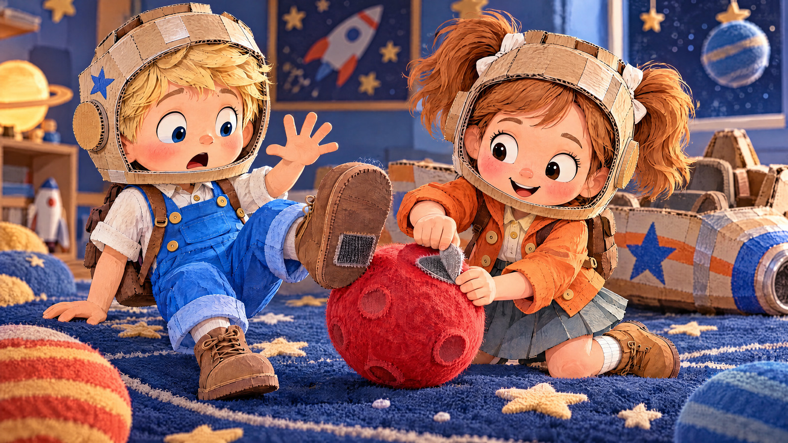 John lifts his brown boot-shaped play slipper and the small red cushion planet lifts with its hook-and-loop patch; Julia gently peels the patch free.